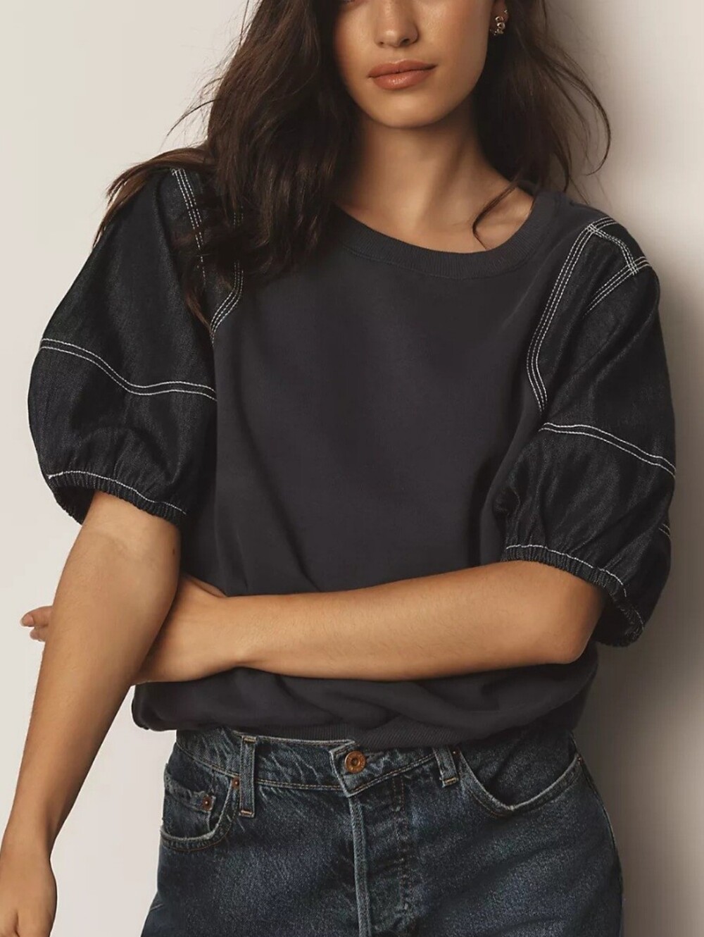 Anthropology Pilcro Denim Puff Sleeve Twofer Crewneck Sweatshirt Navy Size M